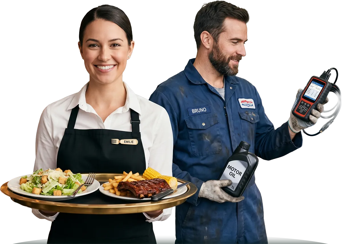 Une serveuse et un mécanicien, deux professionnels de commerces locaux qui collectent des avis clients avec RepOtz